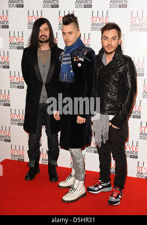 Musicians Tomo Milicevic (L-R), Jared Leto, and Shannon Leto of the band '30 Seconds To Mars' arrive at the 2010 ELLE Style Awards at the Grand Connaught Rooms in London, Great Britain, 22 February 2010. The fashion magazine's annual award ceremony coincides with the London Fashion Week and recognizes personalities from the fashion and entertainment world. Photo: Hubert Boesl Stock Photo