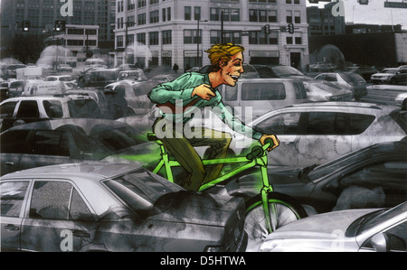 Illustrative image of man riding green bicycle through heavy traffic Stock Photo