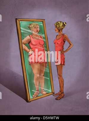 Illustrative image of woman looking in mirror sees herself as overweight representing eating disorder Stock Photo