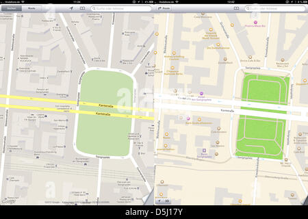 (COMBO) A composite photo shows two screenshots of maps of the area around Savignyplatz in Berlin on an iPhone in Berlin, Germany, 21 September 2012. On the left is the Google Maps version, on the right is the new Apple map service. With the introduction of the new iPhone 5, Apple has replaced Google Maps with their own service. Mistakes and missing details are annoying many users. Stock Photo