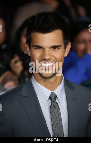 Actor Tyler Lautner arrives at the world premiere of 'The Twilight Saga: Breaking Dawn - Part 2' at Nokia Theatre at L.A. Live in Los Angeles, USA, on 12 November 2012. Photo: Hubert Boesl/dpa Stock Photo