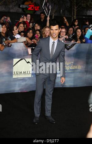 Actor Tyler Lautner arrives at the world premiere of 'The Twilight Saga: Breaking Dawn - Part 2' at Nokia Theatre at L.A. Live in Los Angeles, USA, on 12 November 2012. Photo: Hubert Boesl/dpa Stock Photo