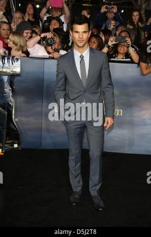 Actor Tyler Lautner arrives at the world premiere of 'The Twilight Saga: Breaking Dawn - Part 2' at Nokia Theatre at L.A. Live in Los Angeles, USA, on 12 November 2012. Photo: Hubert Boesl/dpa Stock Photo