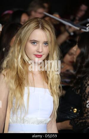 Actress Kathryn Newton arrives at the world premiere of 'The Twilight Saga: Breaking Dawn - Part 2' at Nokia Theatre at L.A. Live in Los Angeles, USA, on 12 November 2012. Photo: Hubert Boesl/dpa Stock Photo