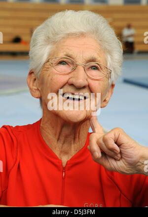 86-year-old Johanna Quaas, the world's oldest gymnast of the world, is pictured at her weekly training in Halle, Germany, 06 November 2012. The agile gymnast, whose birthday is on 20 November, does sport acitivities every day and still participates in competitions. As the oldest active gymnast, she is listed in the Guinness Book of World Records. Photo: Waltraud Grubitzsch Stock Photo