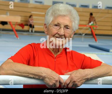 86-year-old Johanna Quaas, the world's oldest gymnast of the world, is pictured at her weekly training in Halle, Germany, 06 November 2012. The agile gymnast, whose birthday is on 20 November, does sport acitivities every day and still participates in competitions. As the oldest active gymnast, she is listed in the Guinness Book of World Records. Photo: Waltraud Grubitzsch Stock Photo