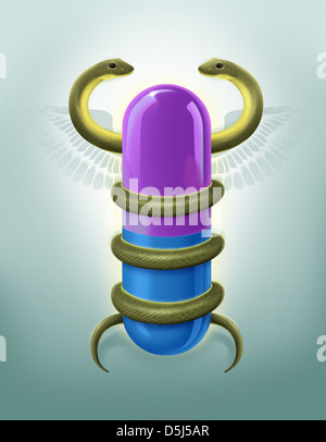 An illustration of the caduceus symbol of two snakes intertwined around ...
