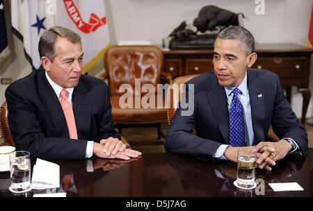 United States President Barack Obama and Speaker of the U.S. House John Boehner (Republican of Ohio) attend a bipartisan group of congressional leaders in the Roosevelt Room of the White House on November 16, 2012 in Washington, DC. Credit: Olivier Douliery / Pool via CNP Stock Photo
