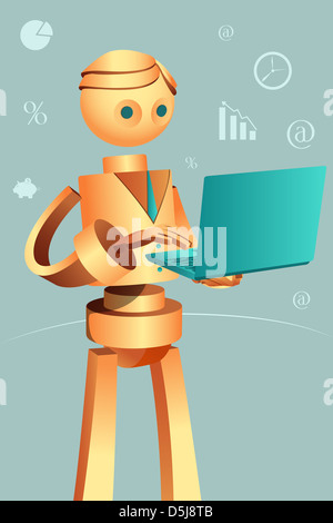 Illustration of robotic businessman using laptop Stock Photo