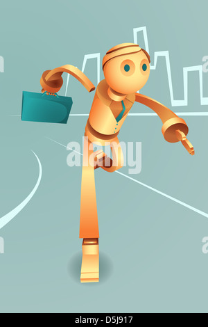 Illustrative image of robotic businessman with briefcase running in haste representing urgency and goal