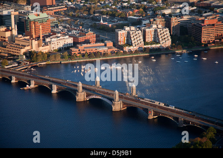 AERIAL VIEW looking directly down on Leonard P. Zakim Bunker Hill Memorial Bridge, Boston, MA Stock Photo