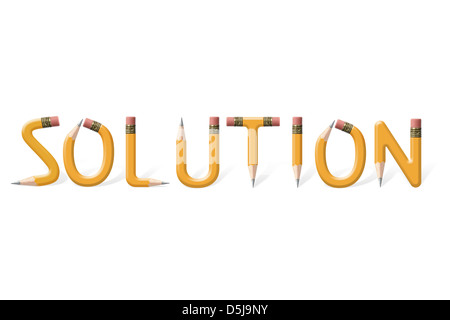 Yellow pencils bent into Solution word isolated on white Stock Photo