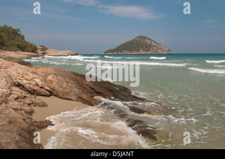 Greek island September Paradise Beach with a view to Kinira or Kinyra also Koinyra Island Stock Photo