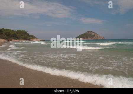 Thassos Greece Greek island September Paradise Beach with a view to Kinira or Kinyra also Koinyra Island Stock Photo