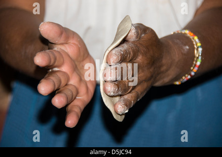 traditional hand-slapping to make tortillas, Sante Fe de la Laguna, Michoacan, Mexico Stock Photo
