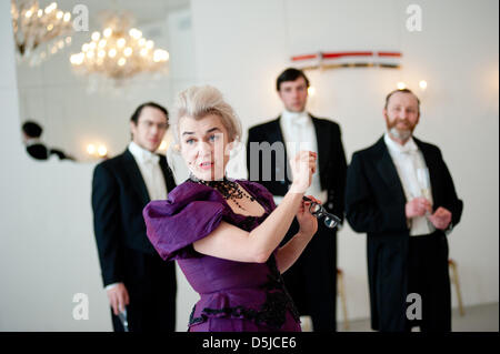 London, UK. 3rd April 2013. a performer costumed in full period evening dress provokes discussion, speaking on subjects at the vanguard of 21st-century thought: science, politics, technology and the arts. Credit: Piero Cruciatti / Alamy Live News Stock Photo