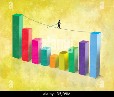Illustrative image of businessman walking on rope attached to bar graph representing business ups and downs Stock Photo