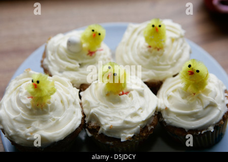 Belfast,Northern Ireland UK 3rd April 2013 Easter cups cakes with yellow chicks on top Stock Photo