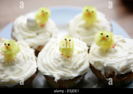 Belfast,Northern Ireland UK 3rd April 2013 Easter cups cakes with yellow chicks on top Stock Photo