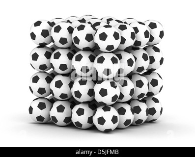 Stack of piled up football soccer balls on white background Stock Photo