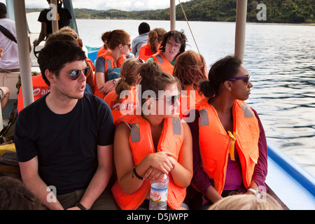 Madagascar, Ankify, Operation Wallacea students on ferry to Nosy Be Stock Photo