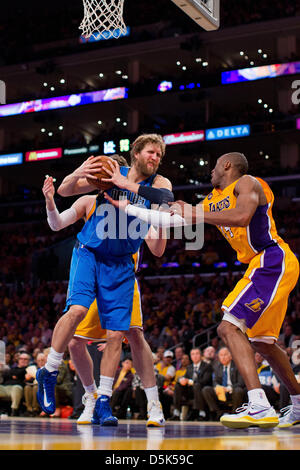 Los Angeles, California, USA. 2nd April 2013. Forward (41) Dirk Nowitzki of the Dallas Mavericks grabs a rebound against the Los Angeles Lakers during the second half of the Lakers 101-81 victory over the Mavericks at the STAPLES Center in Los Angeles, CA. Credit: Action Plus Sports Images / Alamy Live News Stock Photo