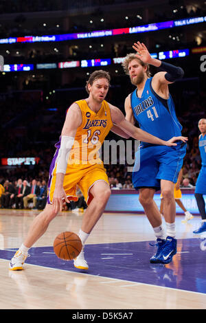 Los Angeles, California, USA. 2nd April 2013. Forward (16) Pau Gasol of the Los Angeles Lakers against the Dallas Mavericks during the XX half of the Lakers 101-81 victory over the Mavericks at the STAPLES Center in Los Angeles, CA. Credit: Action Plus Sports Images / Alamy Live News Stock Photo