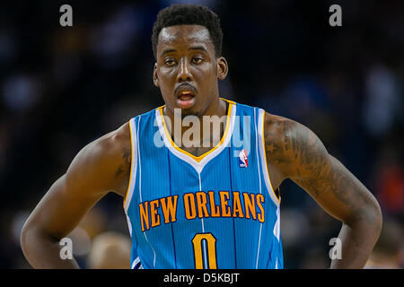 Oakland, CA, USA. April 3, 2013: New Orleans Hornets small forward Al-Farouq Aminu (0) in action during the NBA basketball game between the New Orleans Hornets and the Golden State Warriors at the Oracle Arena in Oakland CA. The Warriors defeated the Hornets 98-88. Stock Photo