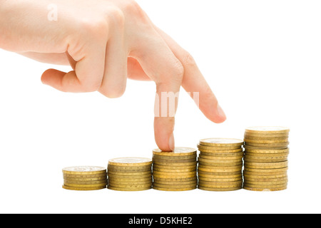 Hand and money staircase isolated on white Stock Photo