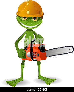 Green frog in a helmet with a chainsaw Stock Photo