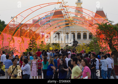 There are parades  dragon dances and street decorations at thetime of lunar New year in Ho Chi Minh City. Stock Photo