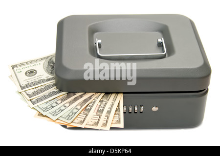 Closed cash box with money and code lock isolated on white Stock Photo