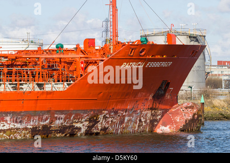 Oil tanker at Billingham oil jetty on the river Tees at Middlesbrough, north east England, UK Stock Photo