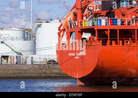 Oil tanker at Billingham oil jetty on the river Tees at Middlesbrough, north east England, UK Stock Photo