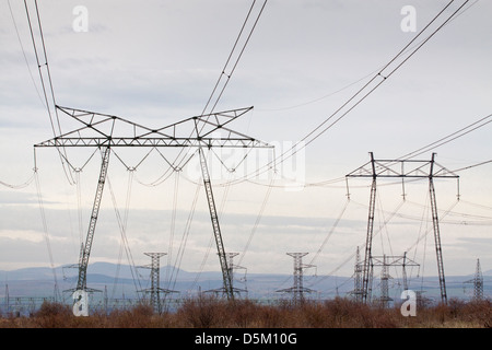 Group of steel lattice high voltage transmission towers outside Sofia, Bulgaria Stock Photo