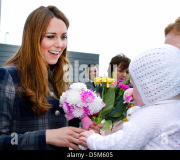 Catherine Duchess of Cambridge chats with eight  months old Heidi during her visit at the Emirates Arena in the East End of Glasgow, Scotland, on 04 April 2013. The Duke and Duchess of Cambridge are on a two-day trip to Scotland. Photo: RPE-Albert Nieboer / NETHERLANDS OUT Stock Photo