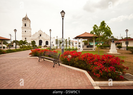The church and park in the small town Nata, Cocle province, Republic of Panama. Stock Photo