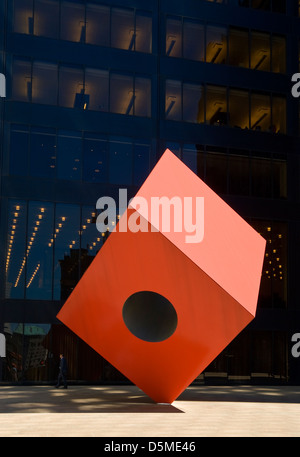 Street Scene At The Red Cube Sculpture Manhattan New York City USA 
