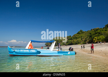 Madagascar, Nosy Be, Nosy Tanikely, main beach, national park boat Stock Photo