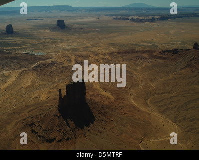 Aerial arid view West Mitten Butte, View Hotel, Mitchell Butte, Grey Whiskers Butte, Navajo Mountain, Monument Valley, Arizona Stock Photo
