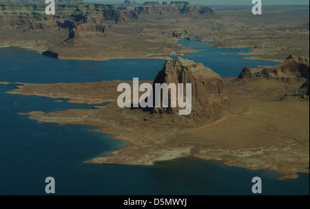 Aerial view, towards Face Bay and Rainbow Plateau, Dominguez Butte rising desert landscape above blue waters Lake Powell, Utah Stock Photo