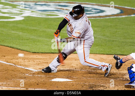 03.04.2013. Los Angeles, California, USA.  San Francisco Giants third baseman Pablo Sandoval (48) homers in the top of the 3rd inning of the Major League Baseball game between the Los Angeles Dodgers and the San Francisco Giants at Dodger Stadium in Los Angels, CA. The Giants defeated the Dodgers 5-3. Stock Photo