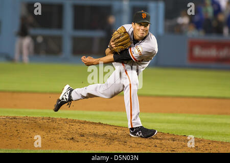 03.04.2013. Los Angeles, California, USA.  San Francisco Giants relief pitcher Javier Lopez (49) delivers during the Major League Baseball game between the Los Angeles Dodgers and the San Francisco Giants at Dodger Stadium in Los Angels, CA. The Giants defeated the Dodgers 5-3. Stock Photo