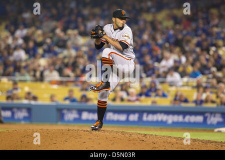 03.04.2013. Los Angeles, California, USA.  San Francisco Giants relief pitcher Sergio Romo (54) delivers during the Major League Baseball game between the Los Angeles Dodgers and the San Francisco Giants at Dodger Stadium in Los Angels, CA. The Giants defeated the Dodgers 5-3. Stock Photo