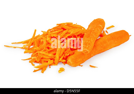 A pile of shredded fresh carrots and two whole carrots isolated on white background Stock Photo
