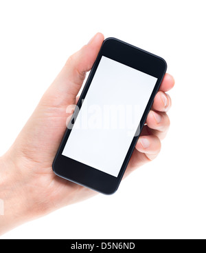 Men's hand holding and showing modern mobile smartphone with blank screen. Isolated on white background. Stock Photo