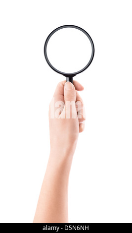 Hand holding a magnifying glass. Isolated on white background Stock Photo