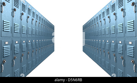 A perspective view of a stack of blue metal school lockers with combination locks and dorrs shut on an isolated background Stock Photo