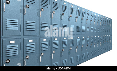 A perspective view of a stack of blue metal school lockers with combination locks and doors shut on an isolated background Stock Photo