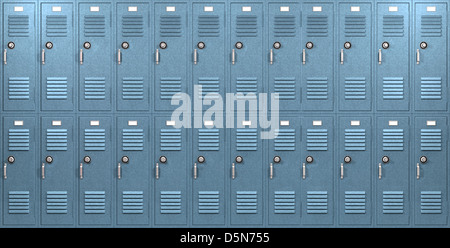 A front on view of a stack of blue metal school lockers with combination locks and doors shut on an isolated background Stock Photo